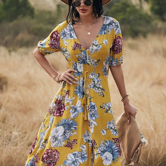 Floral print maxi dress in yellow mustard - Picture 4 of 5